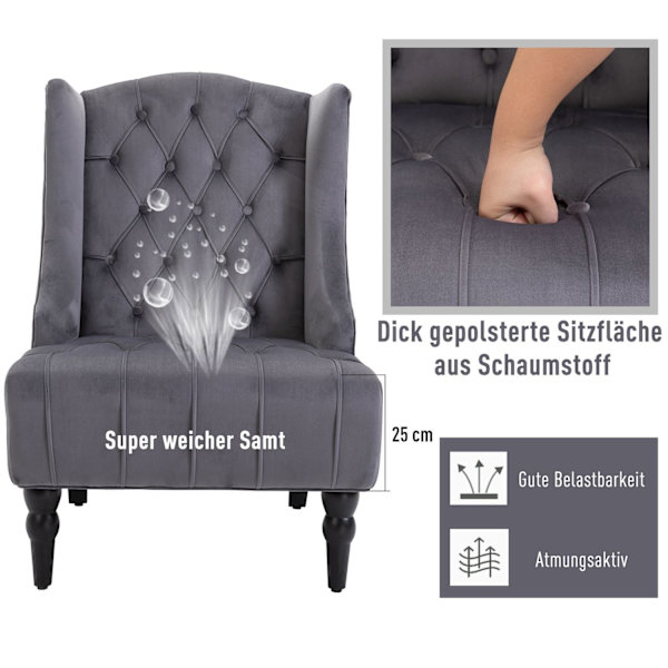 Enkeltstol Fløjstol Afslapningsstol Med Tuftede Hævede Ben Fløjlsstof Grå 67 X 70,5 X 97 Cm
