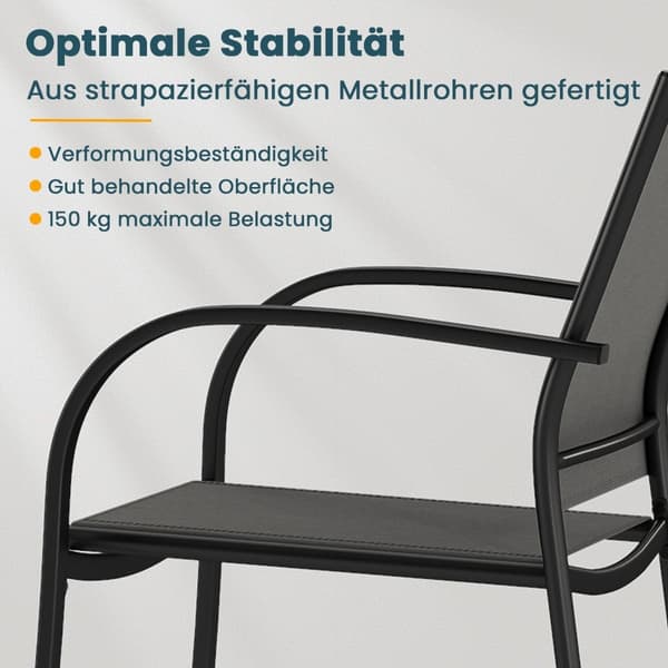 Stabelbare udendørsstole, sæt med 2, metal og tekstil, grå