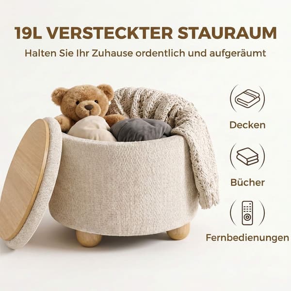 Förvaringsfotpall med vändbart lock, beige linne, 38,5x33,5 cm