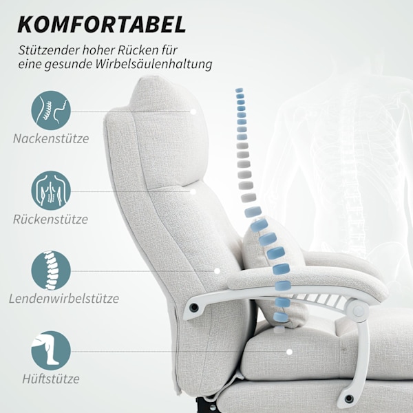 Kontorstol Ergonomisk skrivebordsstol med lændestøtte, høj ryg, fodstøtte, højdejusterbar drejestol med linnedlook, polstret computerstol, cremehvid A