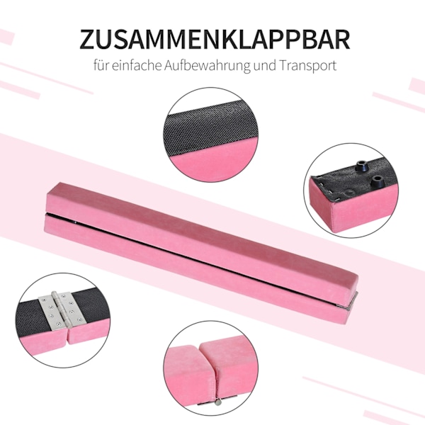 Balansbalk 210 cm Vikbar gymnastikbalk för inomhus & utomhus, Balansbalk upp till 120 kg, Rosa