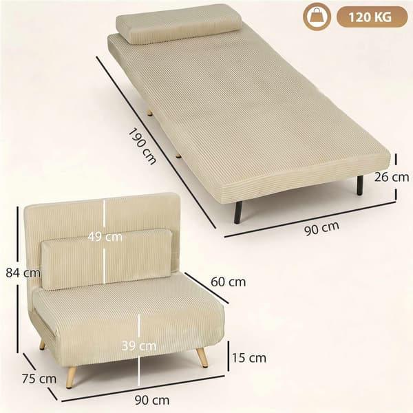 Konvertibel bäddsoffa i manchester, justerbart ryggstöd, beige