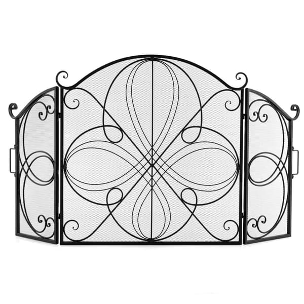 Hopfällbar eldstadsskärm med 3 paneler, blommigt metallnät, 151x83 cm