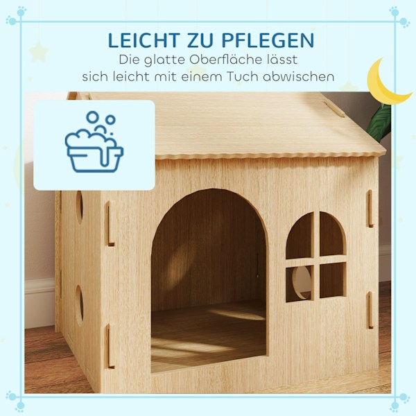 Hundehus med vindue, kattehus med sødt potedesign, samling uden skruer, til små hunde under 4 kg, indendørs, 49,5 x 41 x 51 cm, eg