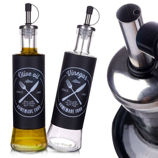 Set med 2 glasflaskor för olja & vinäger med dispenserlock