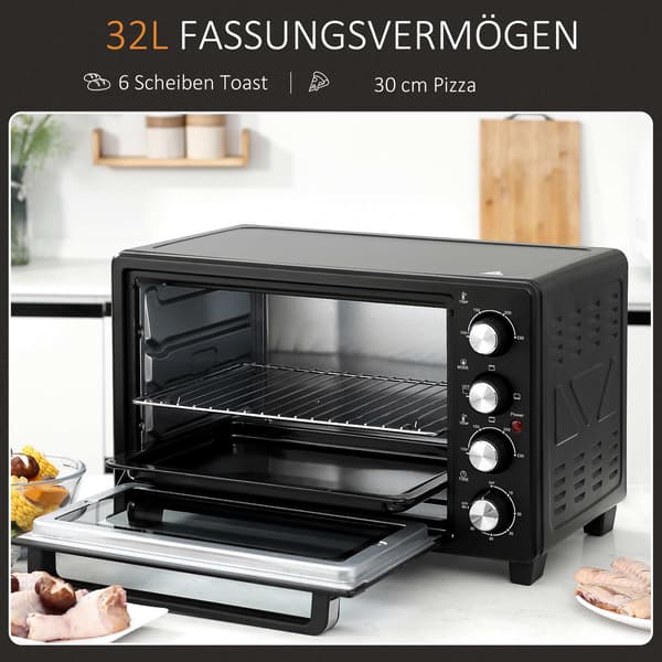 Miniugnsbrödrost, 32 liters kapacitet, timer, svart