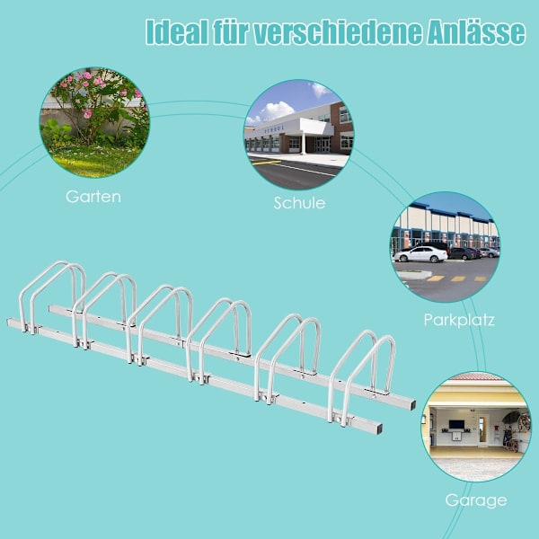 Cykelställ för 6 cyklar, multipelställ, stålgolvställ, stativ, silver