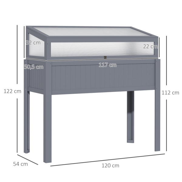 Puinen Korotettu Sänky Kylmäkehyksellä 2-In-1 Kasvihuone, Tomaattitalo, Kasvissänky, Polykarbonaatti, Harmaa, 120X54X112/122Cm