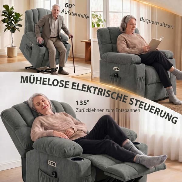 Elektrisk fåtölj med massage och värme, grå