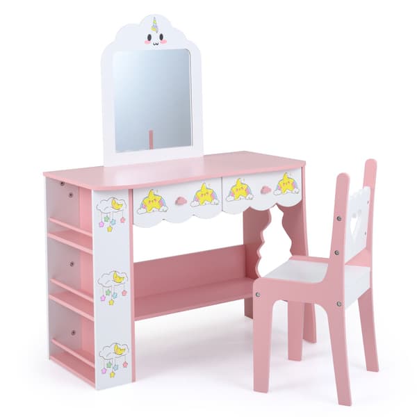 Barnmöbelset med spegel och stol – rosa och vit MDF