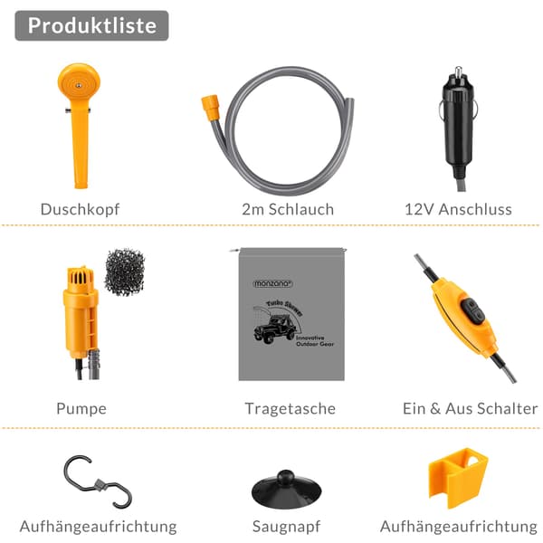 Bärbar 12V campingdusch, 5m kabel, justerbart tryck