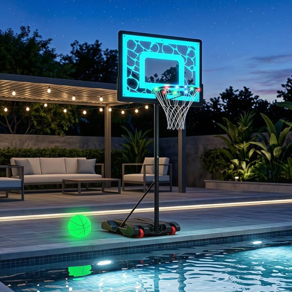 Poolbasketballkurv med LED-lys, justerbar kant, sort