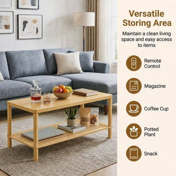 Boho sofabord med rattanhylde og gummitræstel