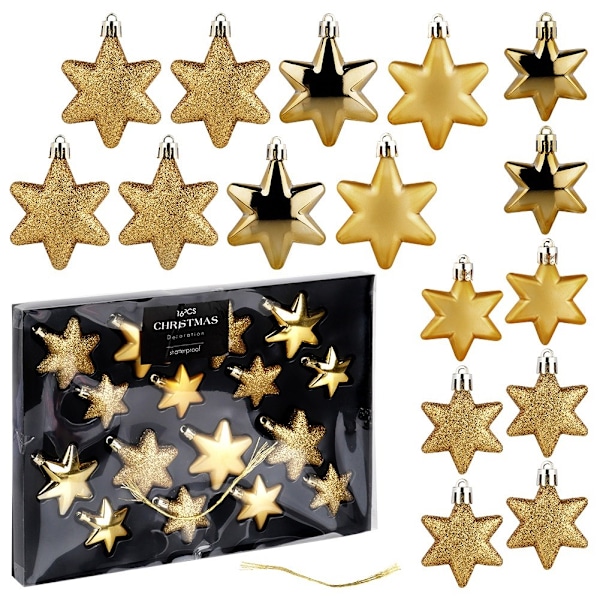 Sprængsikre julekugler stjerner guld 6/5 cm 16 stk.