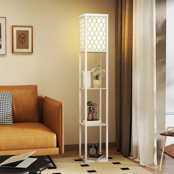 Golvlampa med hyllplan, 3 nivåer, MDF, vit