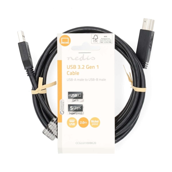 USB kaapeli | USB 3.2 Gen 1 | USB-A Uros | USB-B Uros | 5 Gbps | Niklattu | 2.00 m | Pyöreä | PVC | Musta | Label