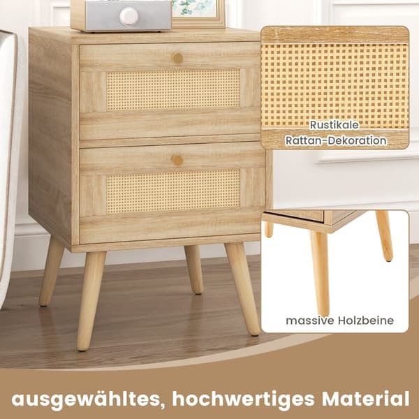 Rattan natbordssæt, boho-stil, 2 skuffer, træben