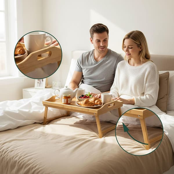 Bambu sängbricka med fällbara ben och sidohandtag