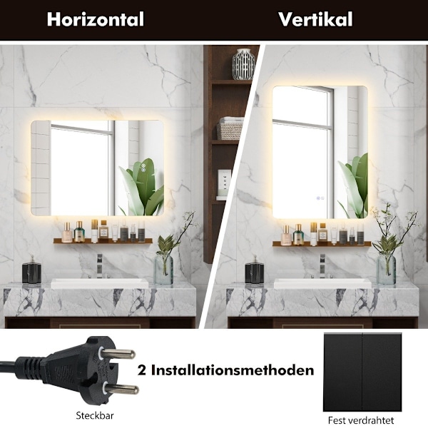 LED kylpyhuonepeili valaistuksella & kosketuskytkimellä ja muistitoiminnolla varustettu seinäpeili 70 x 50 cm