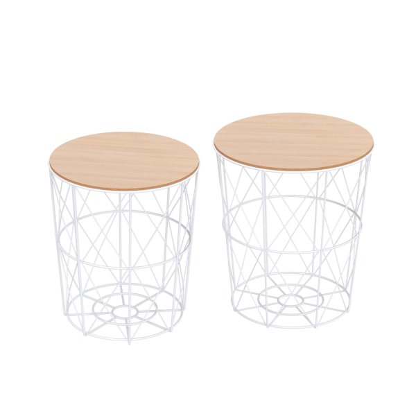 Sæt Med 2 Sofaborde I Natur & Hvid Sidebord 2-Delt, Mdf + Metal, Til Stue & Soveværelse, Ø40 X H45 Cm