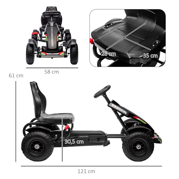 Go-Kart, trampbil, trampbil med handbroms, barnbil med justerbar sits, pedal, Kettcar för 5-12 år, svart
