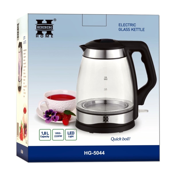 Herzberg HG-5044: 1,8 l elektrisk vattenkokare i glas med LED-ljusindikator
