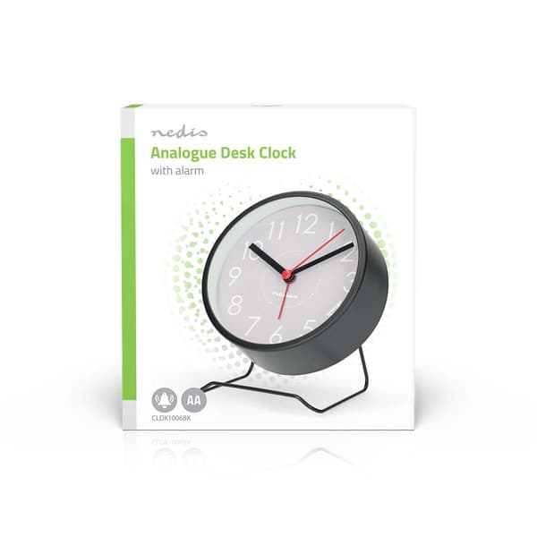 Analogt skrivebordsvækkeur, lydløs, snooze, sort