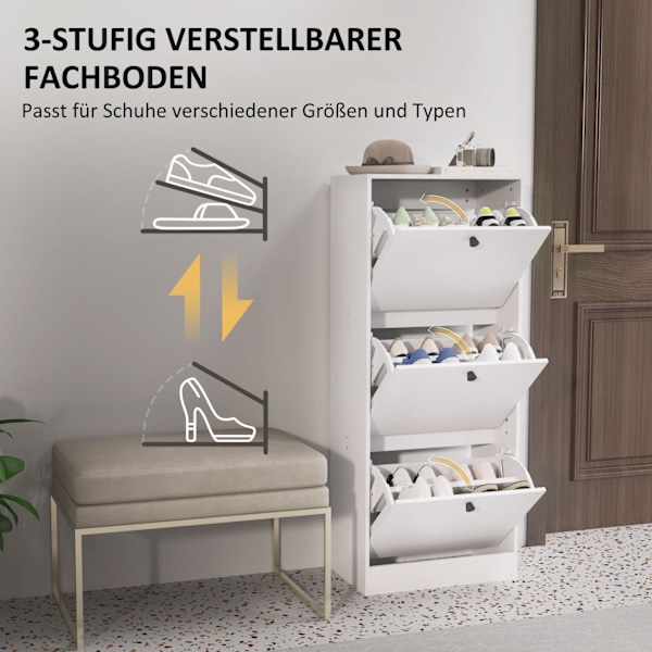 Skoskab med 3 klapper, skovipper, skohylde med justerbar skillevæg, smal skokiste til 12 par sko 47 x 28 x 115 cm, hvid