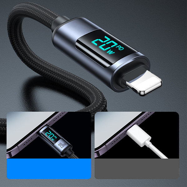 Kabel til iPhone med LED Lightning display - USB-C 2.4A 1.2m sort