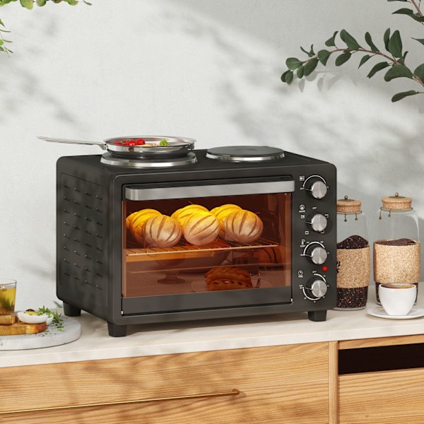 Miniugn 28 L 2600W Miniugn 100-230? 60 min. timer, med 2 värmeplåtar, bakplåt och grillgaller. Pizzaugn med smulbricka, plåthandtag svart Aosom