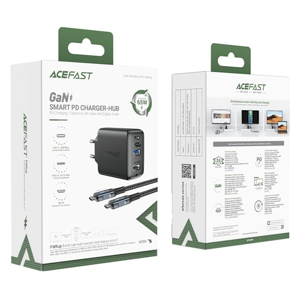 2-i-1 väggladdare med USB-C-kabel + USB-C - HDMI 4K-adapter, svart