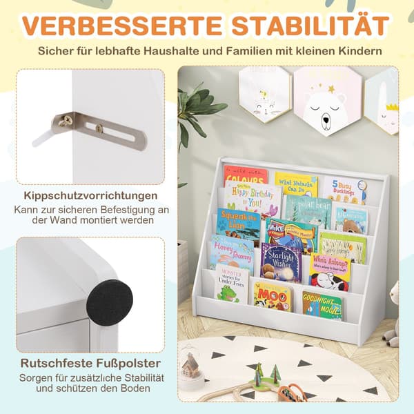Barnbokhylla med 5 hyllor, vit, säker design