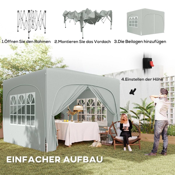 Lusthus 3x3m, vattenavvisande, stabilt, vintertätt pop-up hopfällbart lusthus, UV-skydd 50+, hopfällbart partytält, trädgårdstält med 4 sidopaneler, p