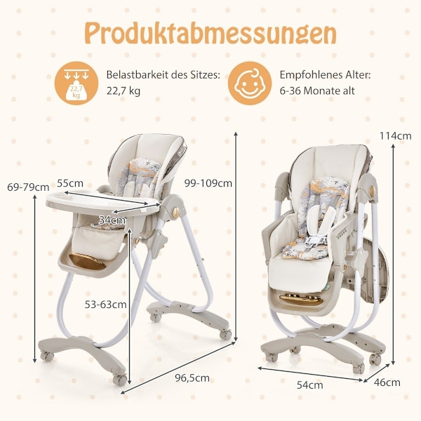 Barnstol hopfällbar barnstol med fällbara funktionshjul & dubbelbricka 96,5 x 55 x 99-109 cm grå