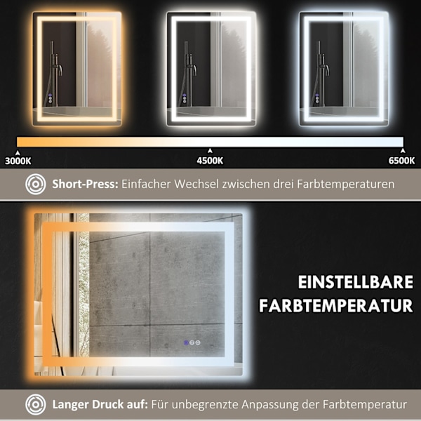 Kylpyhuonepeili valaistuksella, seinäpeili 3 valovärillä, IP44 valopeili kosketuskytkimellä, muistitoiminto, kylpyhuonepeili huurtumattomalla, 80 x 60