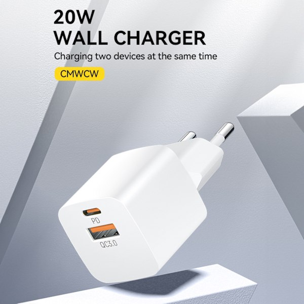PD QC 3.0 seinälaturi 100-240V 20W USB-C USB-A valkoinen