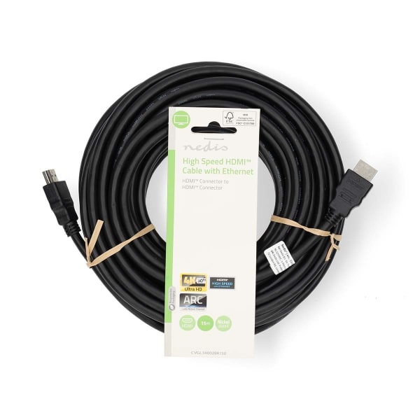 High Speed ​​HDMI ™ Kaapeli Ethernet | HDMI™ liitin | HDMI™ liitin | 4K@30Hz | ARC | 10.2 Gbps | 15.0 m | Pyöreä | PVC | Musta | Label