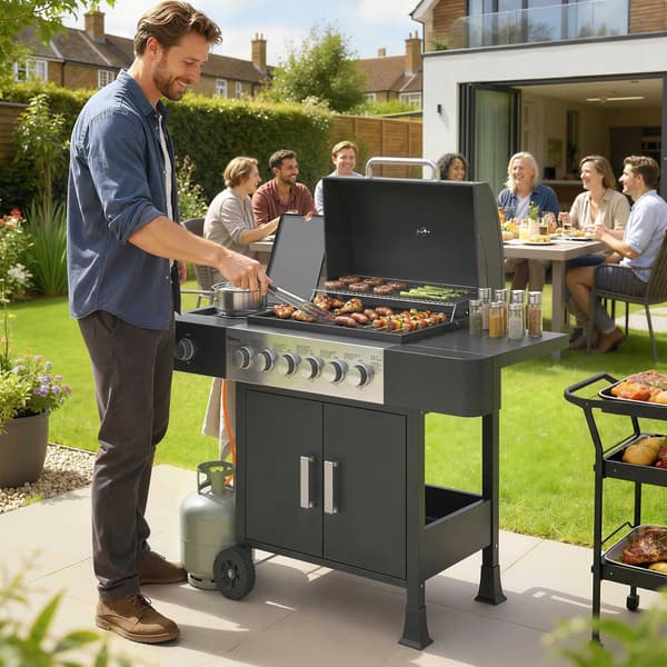 Gasgrill i rustfrit stål med 6 brændere og sidebrænder