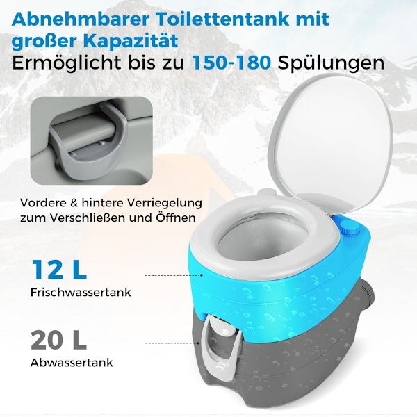 20 litran kannettava wc irrotettavalla jätesäiliöllä ja vuotamattomalla istuimella ja huuhtelupumpulla harmaa