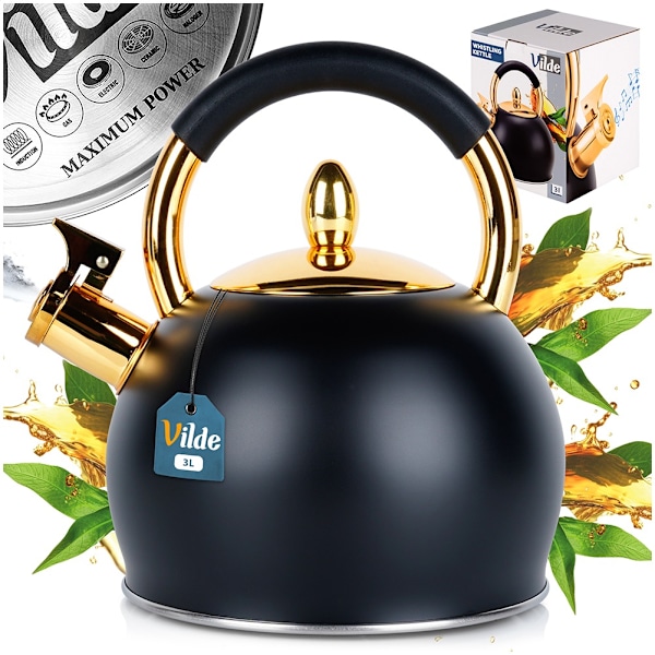Kedel med fløjte, stål, sort, guld, 3 l