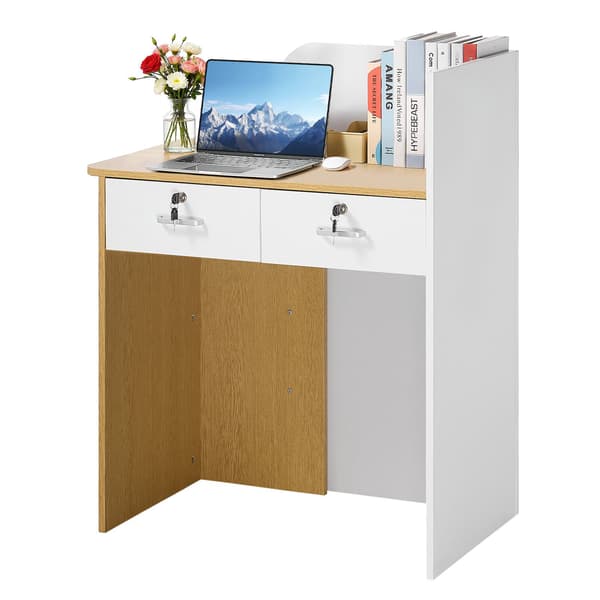 Receptionsdisk 80 cm, LED-lys, 2 skuffer, stikkontakter