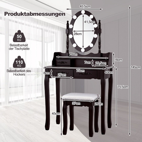 Sminkbord med LED-belysning justerbar ljusstyrka sminkbord med 4 lådor svart