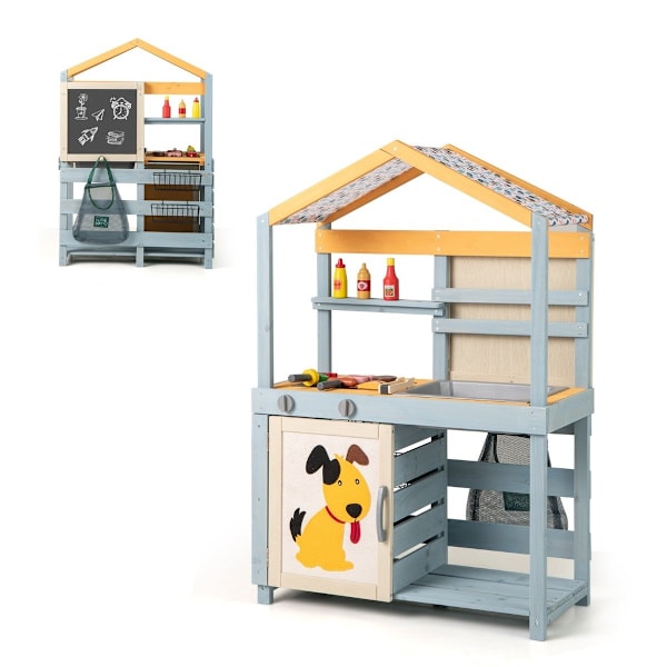 2-IN-1 mutakeittiö lasten ulkokäyttöön tarkoitettu lasten keittiö puu kassilla ja koreilla 75 x 34 x 111 cm monivärinen
