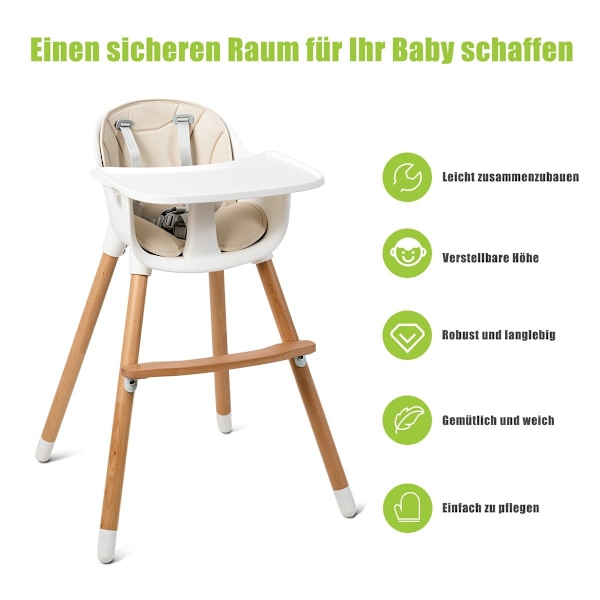2-i-1 baby højstol lavet af træ, justerbar 57 x 57 x 83 cm cremehvid + natur