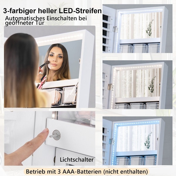 Korukaappi peilillä ja 3-värisellä LED-valolla 41,5 x 37 x 157 cm valkoinen