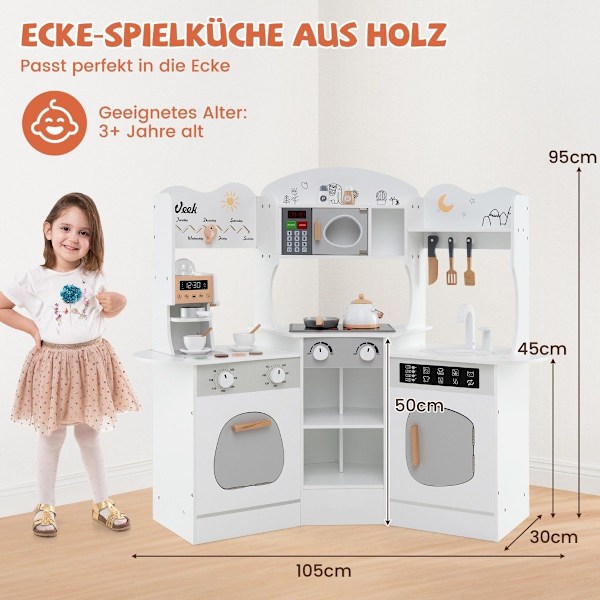 Hjørnelegekøkken i træ med lyd &amp; Lys &amp; Kaffemaskine &amp; Slide Toddler Køkken Legesæt Hvid