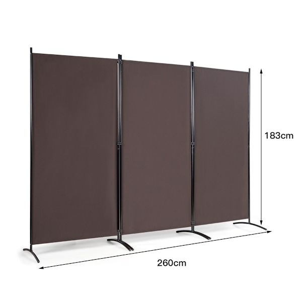 3 panel rumdeler med robuste hængsler og stålbund fritstående privatskærm 260x 183 cm kaffe