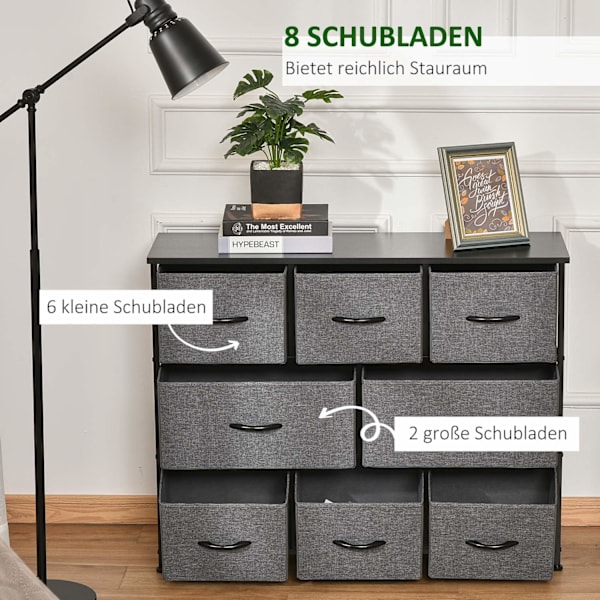 Kommode med 8 skuffer af stof, opbevaringsskab, kommode med greb, metalstel, moderne design skab til soveværelse, stue, mørkegrå Aosom