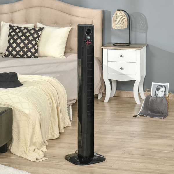 Tower Ventilator Søjleventilator Med Fjernbetjening, Aroma Diffuser, Timer, 3 Niveauer, 45W, 70° Oscillation, Sort
