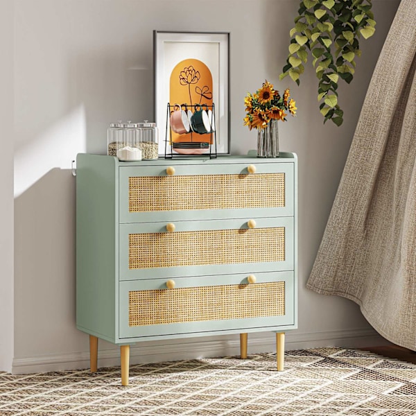 Kommode sideskab med 3 skuffer, skænk med boho stil, rattan look, skuffe kommode til stue, soveværelse, lyseblå 80 x 40 x 87,5 cm